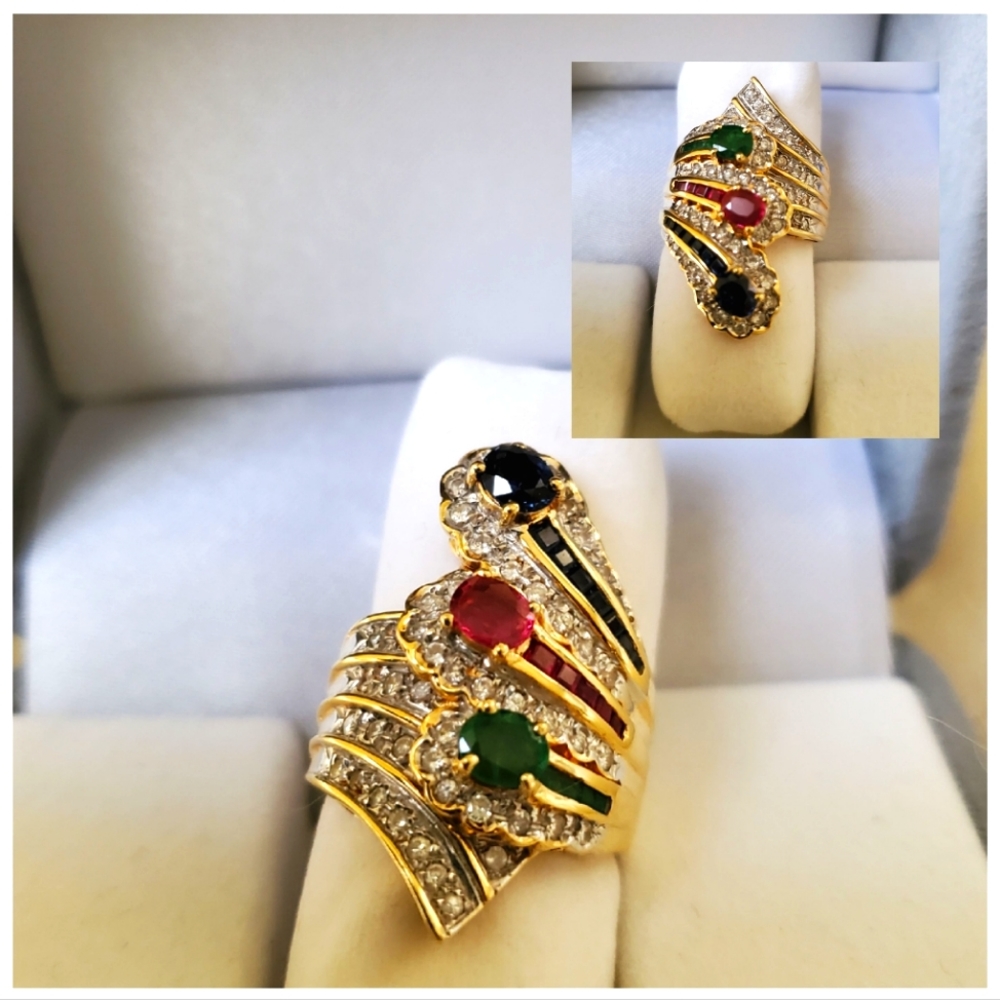 18K YG Emerald Ruby Blue Sapphire Diamond Ring 6.5